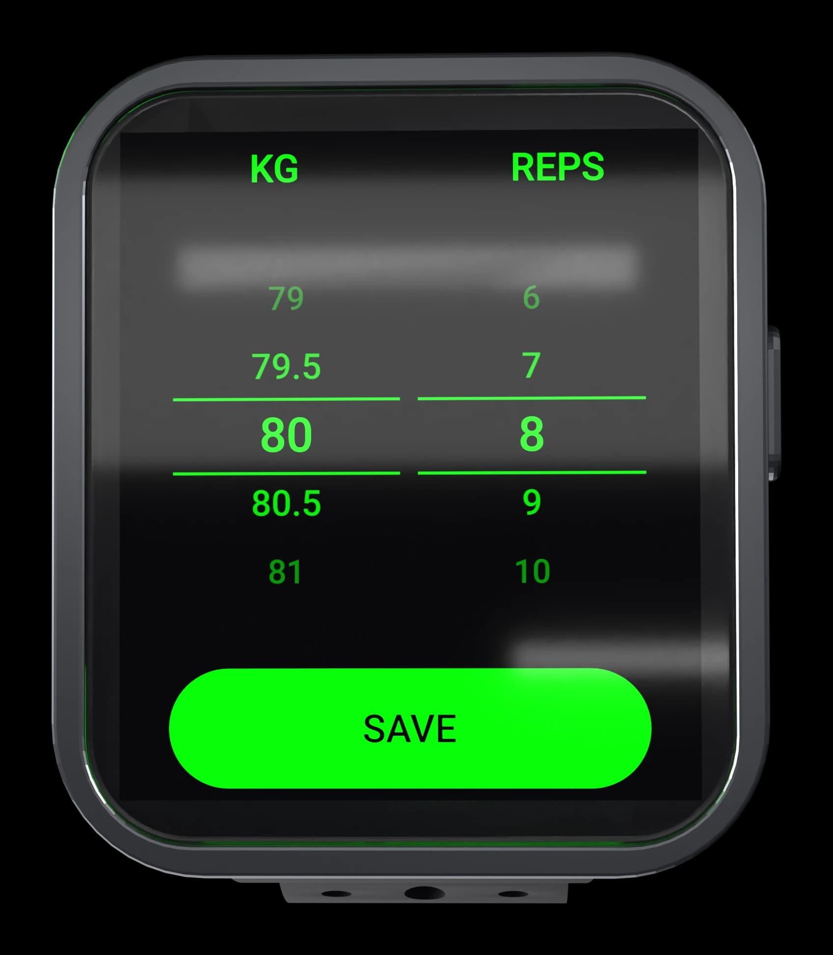The set wheel on a Bip 6: 79.5 to 81 kg on the left column and 6 to 10 reps on the right, with 80 kg by 8 selected over a SAVE button